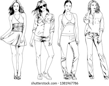 vector drawings on the theme of beautiful slim sporty girl in casual clothes in various poses painted ink hand sketch with no background