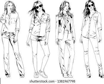 vector drawings on the theme of beautiful slim sporty girl in casual clothes in various poses painted ink hand sketch with no background