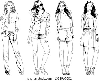 vector drawings on the theme of beautiful slim sporty girl in casual clothes in various poses painted ink hand sketch with no background