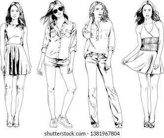vector drawings on the theme of beautiful slim sporty girl in casual clothes in various poses painted ink hand sketch with no background