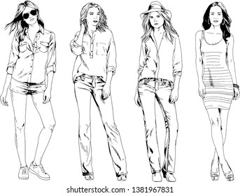 vector drawings on the theme of beautiful slim sporty girl in casual clothes in various poses painted ink hand sketch with no background