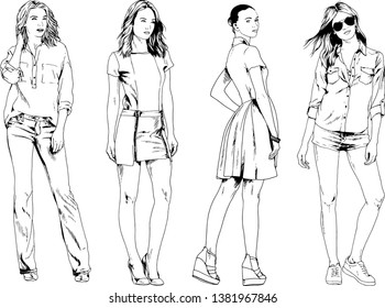 vector drawings on the theme of beautiful slim sporty girl in casual clothes in various poses painted ink hand sketch with no background