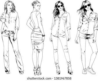 vector drawings on the theme of beautiful slim sporty girl in casual clothes in various poses painted ink hand sketch with no background