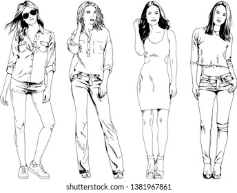 vector drawings on the theme of beautiful slim sporty girl in casual clothes in various poses painted ink hand sketch with no background