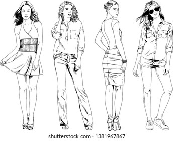 vector drawings on the theme of beautiful slim sporty girl in casual clothes in various poses painted ink hand sketch with no background