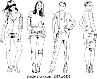 vector drawings on the theme of beautiful slim sporty girl in casual clothes in various poses painted ink hand sketch with no background