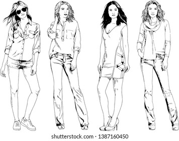 vector drawings on the theme of beautiful slim sporty girl in casual clothes in various poses painted ink hand sketch with no background