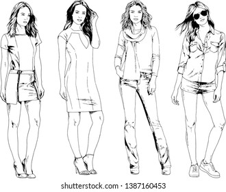 vector drawings on the theme of beautiful slim sporty girl in casual clothes in various poses painted ink hand sketch with no background
