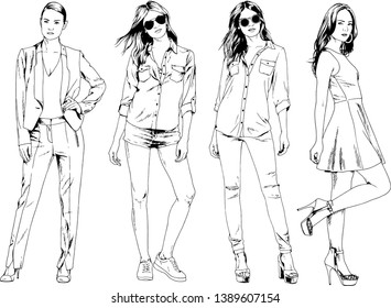 vector drawings on the theme of beautiful slim sporty girl in casual clothes in various poses painted ink hand sketch with no background