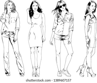 vector drawings on the theme of beautiful slim sporty girl in casual clothes in various poses painted ink hand sketch with no background