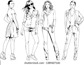 vector drawings on the theme of beautiful slim sporty girl in casual clothes in various poses painted ink hand sketch with no background
