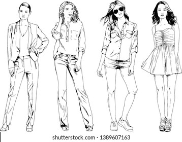 vector drawings on the theme of beautiful slim sporty girl in casual clothes in various poses painted ink hand sketch with no background