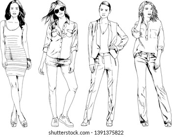 vector drawings on the theme of beautiful slim sporty girl in casual clothes in various poses painted ink hand sketch with no background