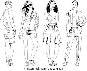 vector drawings on the theme of beautiful slim sporty girl in casual clothes in various poses painted ink hand sketch with no background