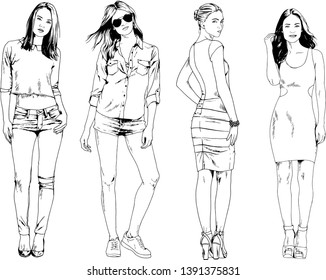 vector drawings on the theme of beautiful slim sporty girl in casual clothes in various poses painted ink hand sketch with no background