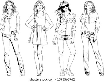 vector drawings on the theme of beautiful slim sporty girl in casual clothes in various poses painted ink hand sketch with no background