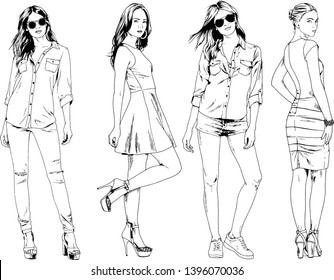 vector drawings on the theme of beautiful slim sporty girl in casual clothes in various poses painted ink hand sketch with no background