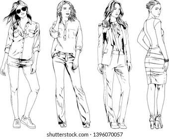 vector drawings on the theme of beautiful slim sporty girl in casual clothes in various poses painted ink hand sketch with no background