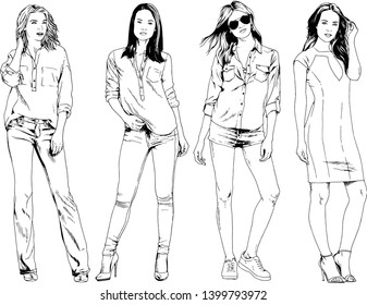 vector drawings on the theme of beautiful slim sporty girl in casual clothes in various poses painted ink hand sketch with no background