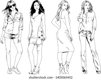 vector drawings on the theme of beautiful slim sporty girl in casual clothes in various poses painted ink hand sketch with no background