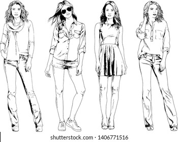 vector drawings on the theme of beautiful slim sporty girl in casual clothes in various poses painted ink hand sketch with no background