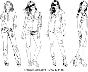 vector drawings on the theme of beautiful slim sporty girl in casual clothes in various poses painted ink hand sketch with no background