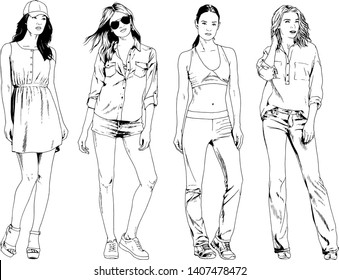 vector drawings on the theme of beautiful slim sporty girl in casual clothes in various poses painted ink hand sketch with no background