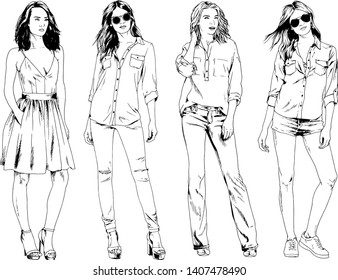 vector drawings on the theme of beautiful slim sporty girl in casual clothes in various poses painted ink hand sketch with no background