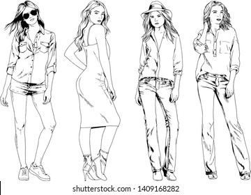 vector drawings on the theme of beautiful slim sporty girl in casual clothes in various poses painted ink hand sketch with no background