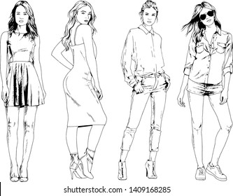 vector drawings on the theme of beautiful slim sporty girl in casual clothes in various poses painted ink hand sketch with no background