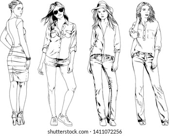 vector drawings on the theme of beautiful slim sporty girl in casual clothes in various poses painted ink hand sketch with no background