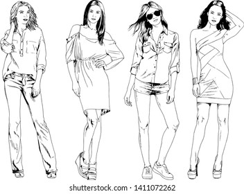 vector drawings on the theme of beautiful slim sporty girl in casual clothes in various poses painted ink hand sketch with no background