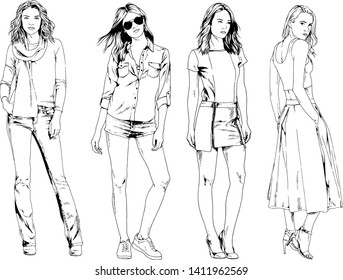 vector drawings on the theme of beautiful slim sporty girl in casual clothes in various poses painted ink hand sketch with no background