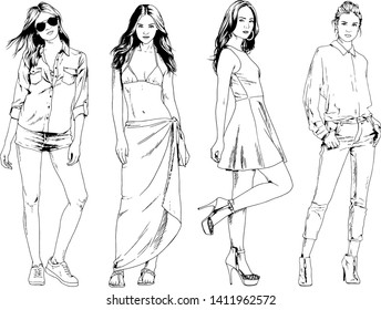 vector drawings on the theme of beautiful slim sporty girl in casual clothes in various poses painted ink hand sketch with no background