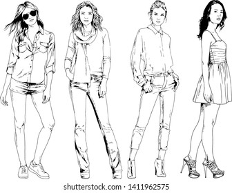 vector drawings on the theme of beautiful slim sporty girl in casual clothes in various poses painted ink hand sketch with no background