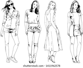 vector drawings on the theme of beautiful slim sporty girl in casual clothes in various poses painted ink hand sketch with no background