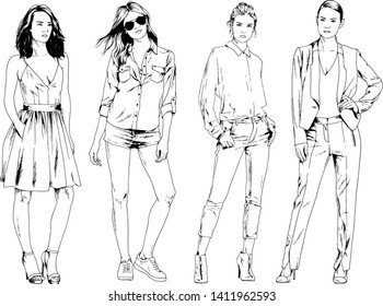 vector drawings on the theme of beautiful slim sporty girl in casual clothes in various poses painted ink hand sketch with no background