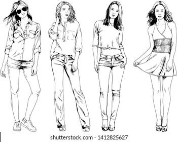 vector drawings on the theme of beautiful slim sporty girl in casual clothes in various poses painted ink hand sketch with no background