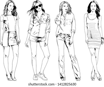 vector drawings on the theme of beautiful slim sporty girl in casual clothes in various poses painted ink hand sketch with no background