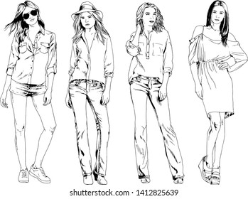 vector drawings on the theme of beautiful slim sporty girl in casual clothes in various poses painted ink hand sketch with no background