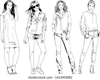 vector drawings on the theme of beautiful slim sporty girl in casual clothes in various poses painted ink hand sketch with no background