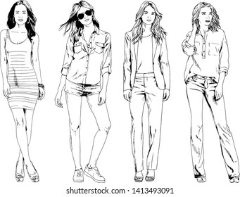 vector drawings on the theme of beautiful slim sporty girl in casual clothes in various poses painted ink hand sketch with no background