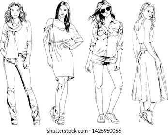 vector drawings on the theme of beautiful slim sporty girl in casual clothes in various poses painted ink hand sketch with no background