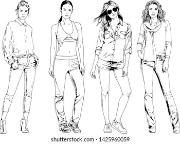 vector drawings on the theme of beautiful slim sporty girl in casual clothes in various poses painted ink hand sketch with no background