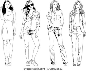 vector drawings on the theme of beautiful slim sporty girl in casual clothes in various poses painted ink hand sketch with no background