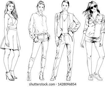 vector drawings on the theme of beautiful slim sporty girl in casual clothes in various poses painted ink hand sketch with no background