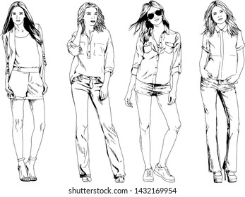 vector drawings on the theme of beautiful slim sporty girl in casual clothes in various poses painted ink hand sketch with no background