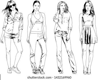vector drawings on the theme of beautiful slim sporty girl in casual clothes in various poses painted ink hand sketch with no background
