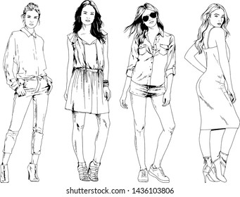 vector drawings on the theme of beautiful slim sporty girl in casual clothes in various poses painted ink hand sketch with no background