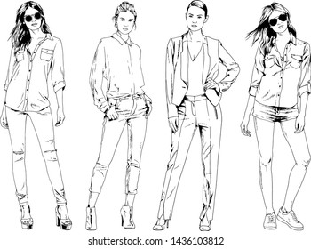 vector drawings on the theme of beautiful slim sporty girl in casual clothes in various poses painted ink hand sketch with no background